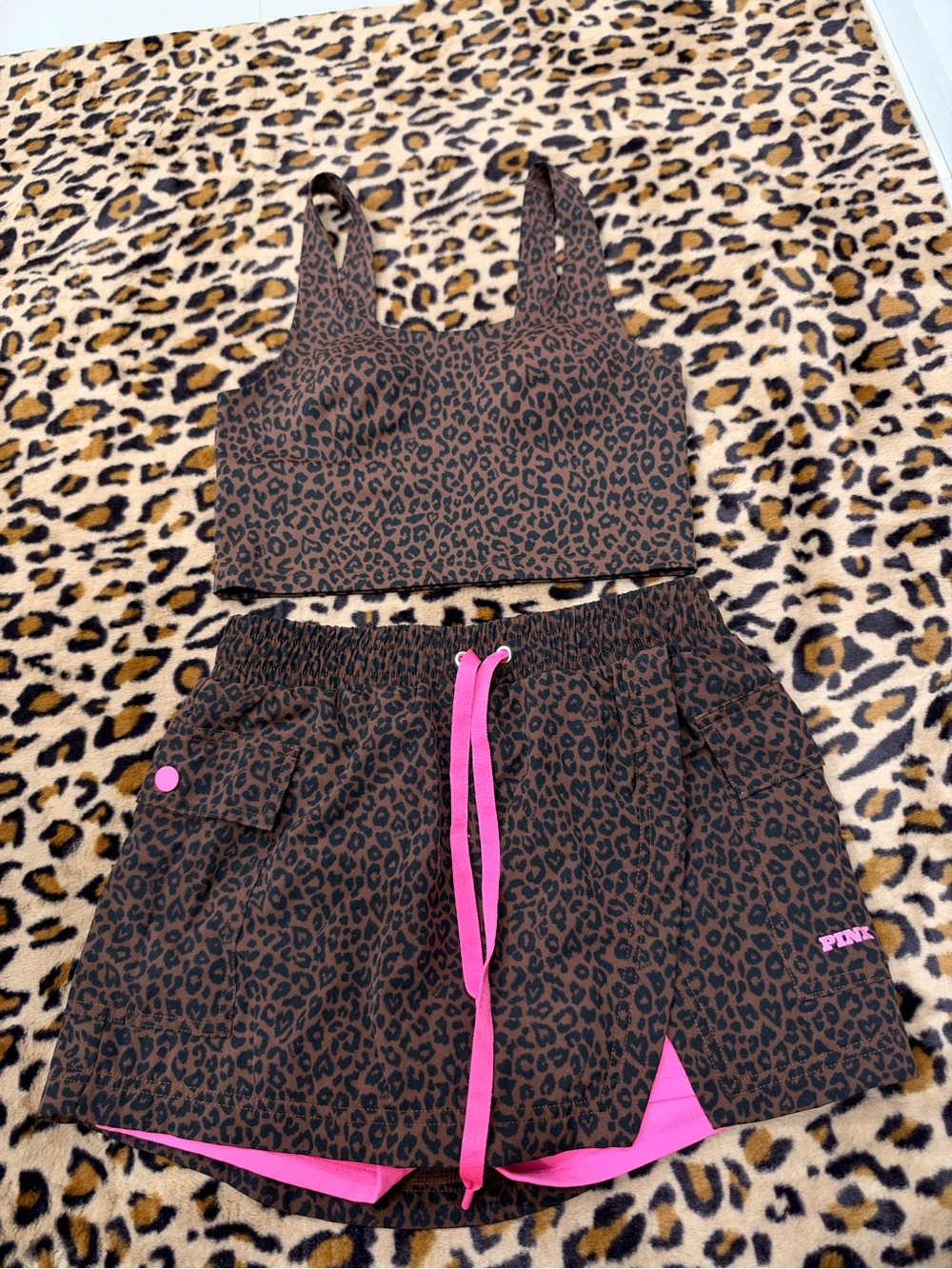 PINK Victoria's Secret Brown Leopard Crop Tank and Shorts with Pink Accents